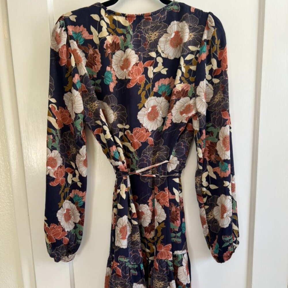 Lulus So Splendid Navy Blue Floral Satin Long Sleeve Wrap Dress - Size L - Picture 3 of 6